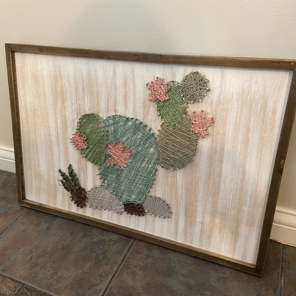 Colorful Handmade Cactus String Art Wall Decor with Wooden Frame